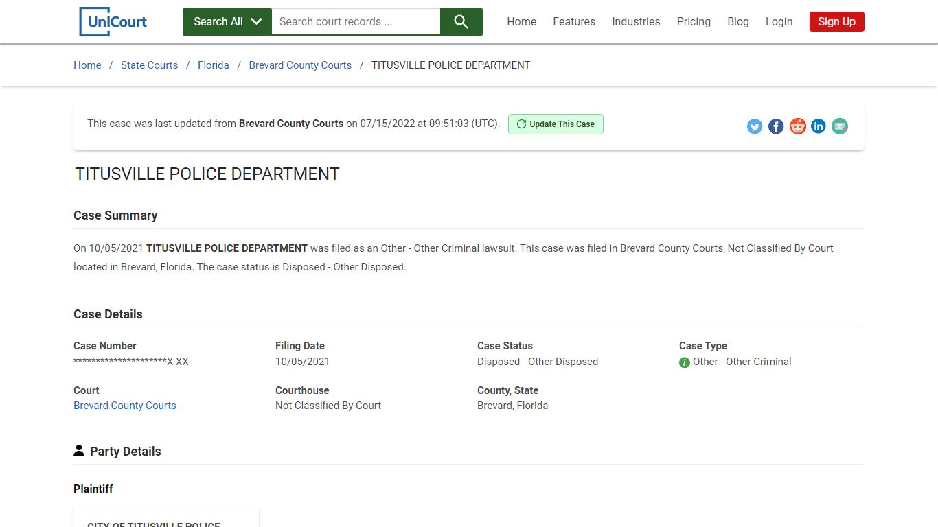 TITUSVILLE POLICE DEPARTMENT | Court Records - UniCourt
