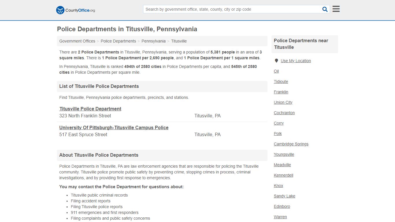 Police Departments - Titusville, PA (Arrest Records & Police Logs)